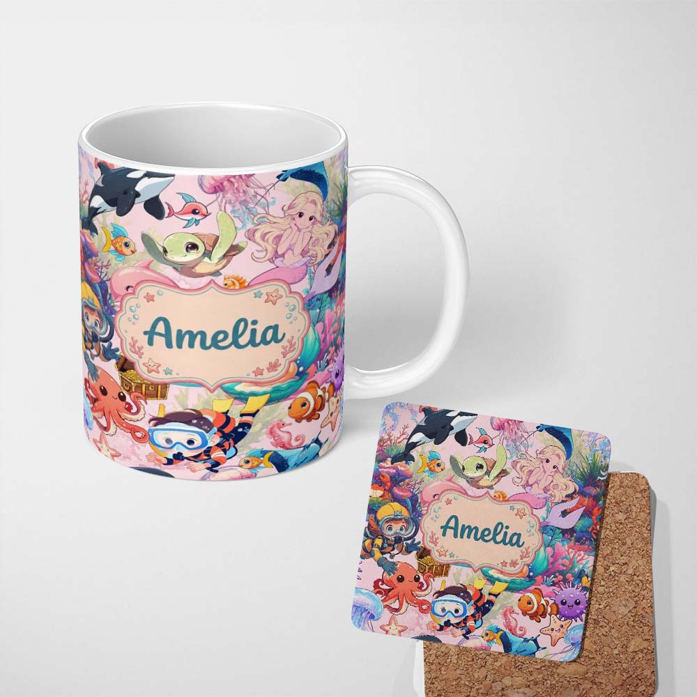 Personalized Custom Name Cute Underwater Ocean Scene Mermaid Dolphin Turtle Treasure Pink 11oz Ceramic Coffee Tea Mug White Large Handle
