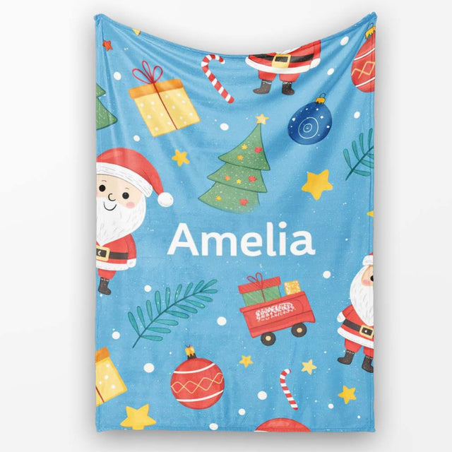 Cute Santa Gifts Christmas Tree Blue Festive Seamless Pattern Lovely  Personalised Custom Name Super Soft Fleece Blanket Bed Sofa Throw