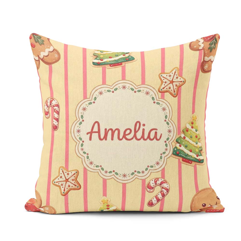 Custom Name Gingerbread Cookies Candy Cane on Cream Beige Stripe Square Filled Cushion Throw Pillow Sofa Bed Home Decor Zip Washable UK Made
