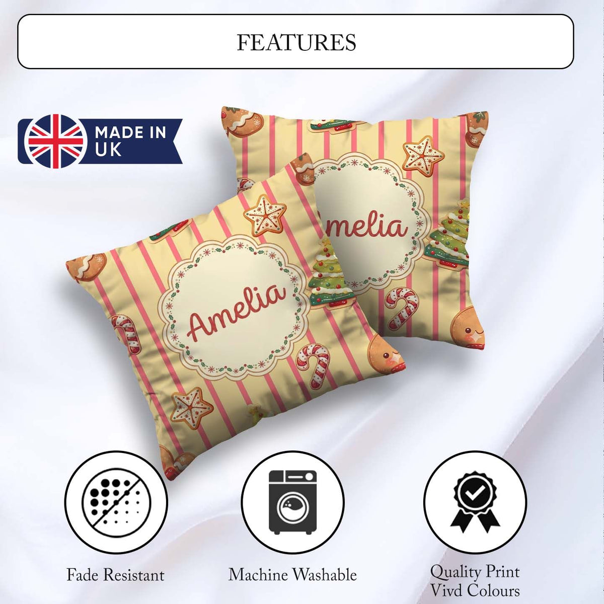Custom Name Gingerbread Cookies Candy Cane on Cream Beige Stripe Square Filled Cushion Throw Pillow Sofa Bed Home Decor Zip Washable UK Made