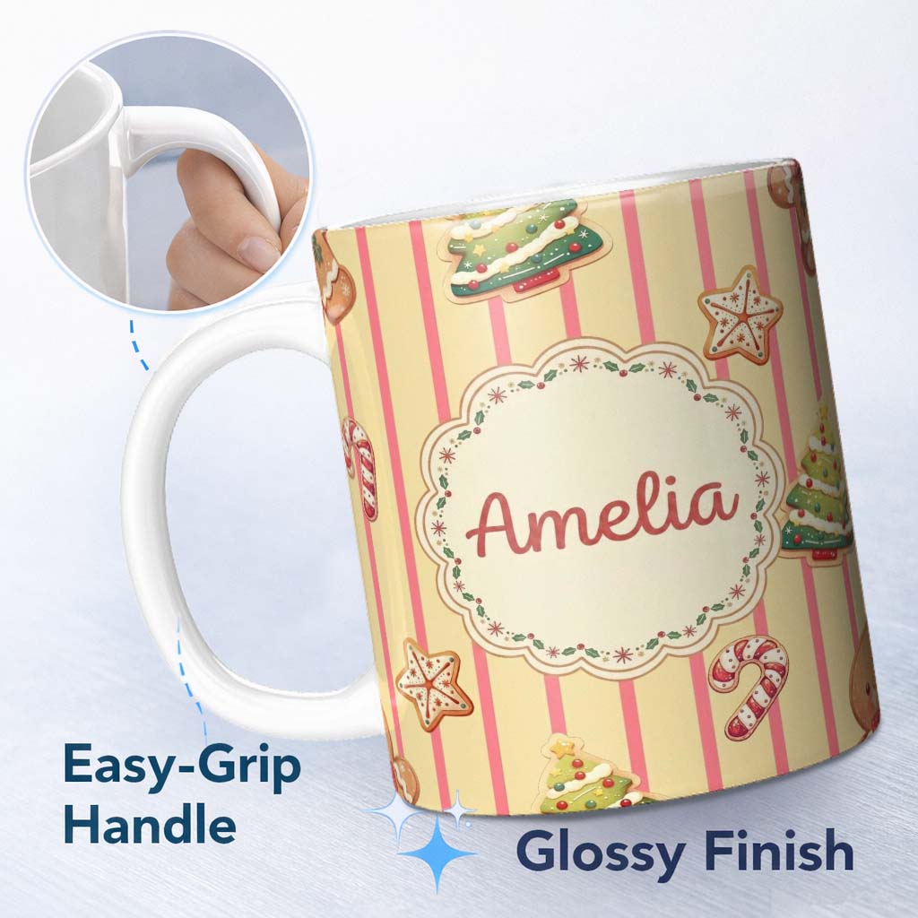 Personalized Custom Name Gingerbread Man Cookies Candy Cane on Cream Beige Stripe Background 11oz Ceramic Coffee Tea Mug White Large Handle