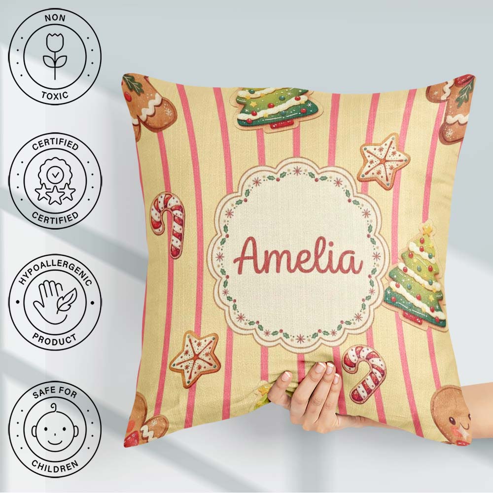 Custom Name Gingerbread Cookies Candy Cane on Cream Beige Stripe Square Filled Cushion Throw Pillow Sofa Bed Home Decor Zip Washable UK Made