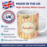 Personalized Custom Name Gingerbread Man Cookies Candy Cane on Cream Beige Stripe Background 11oz Ceramic Coffee Tea Mug White Large Handle