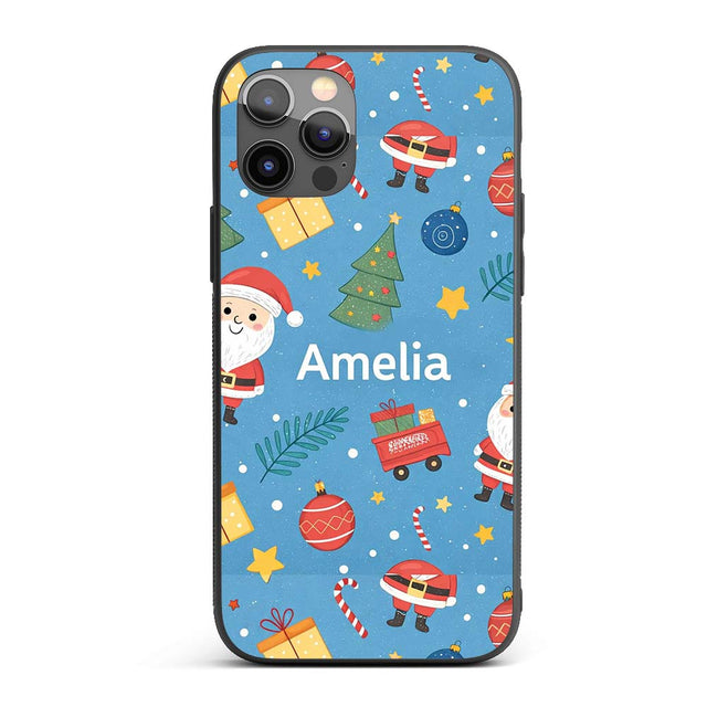 Cute Santa Gifts Christmas Tree Blue Festive Custom Name Protective Phone Case Mobile Cover Durable Everyday Smartphone Shock Resistant