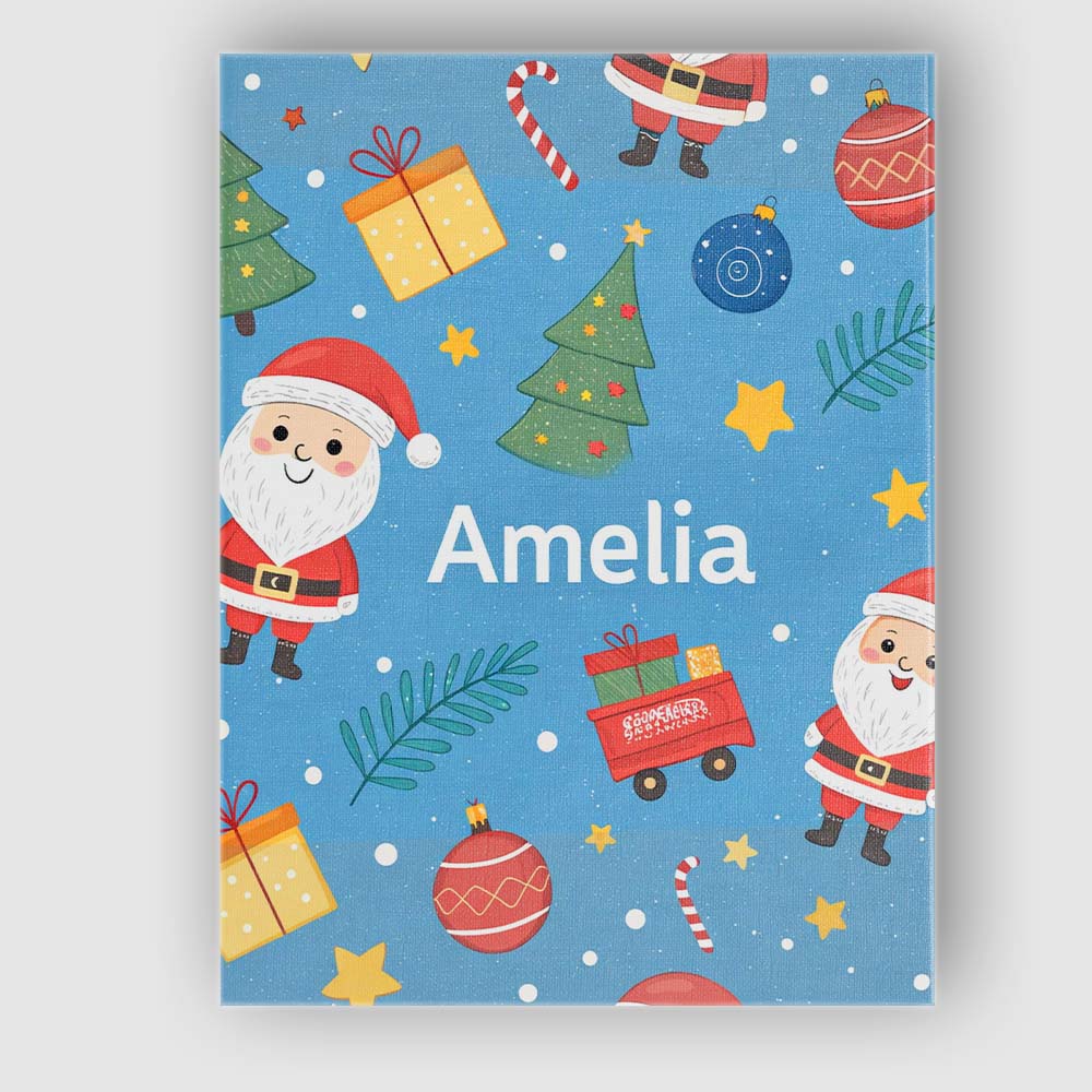 Personalised Name Cute Santa Gifts Christmas Tree Blue Festive Custom Modern Room Accent Canvas Wall Art Print Decor Picture Ready to Hang