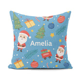 Custom Name Cute Santa Gifts Christmas Tree Blue Festive Pattern Square Filled Cushion Throw Pillow Sofa Bed Home Decor Zip Washable UK Made