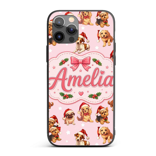 Christmas Puppies Santa Hat on Pastel Pink Star Custom Name Protective Phone Case Mobile Cover Durable Everyday Smartphone Shock Resistant