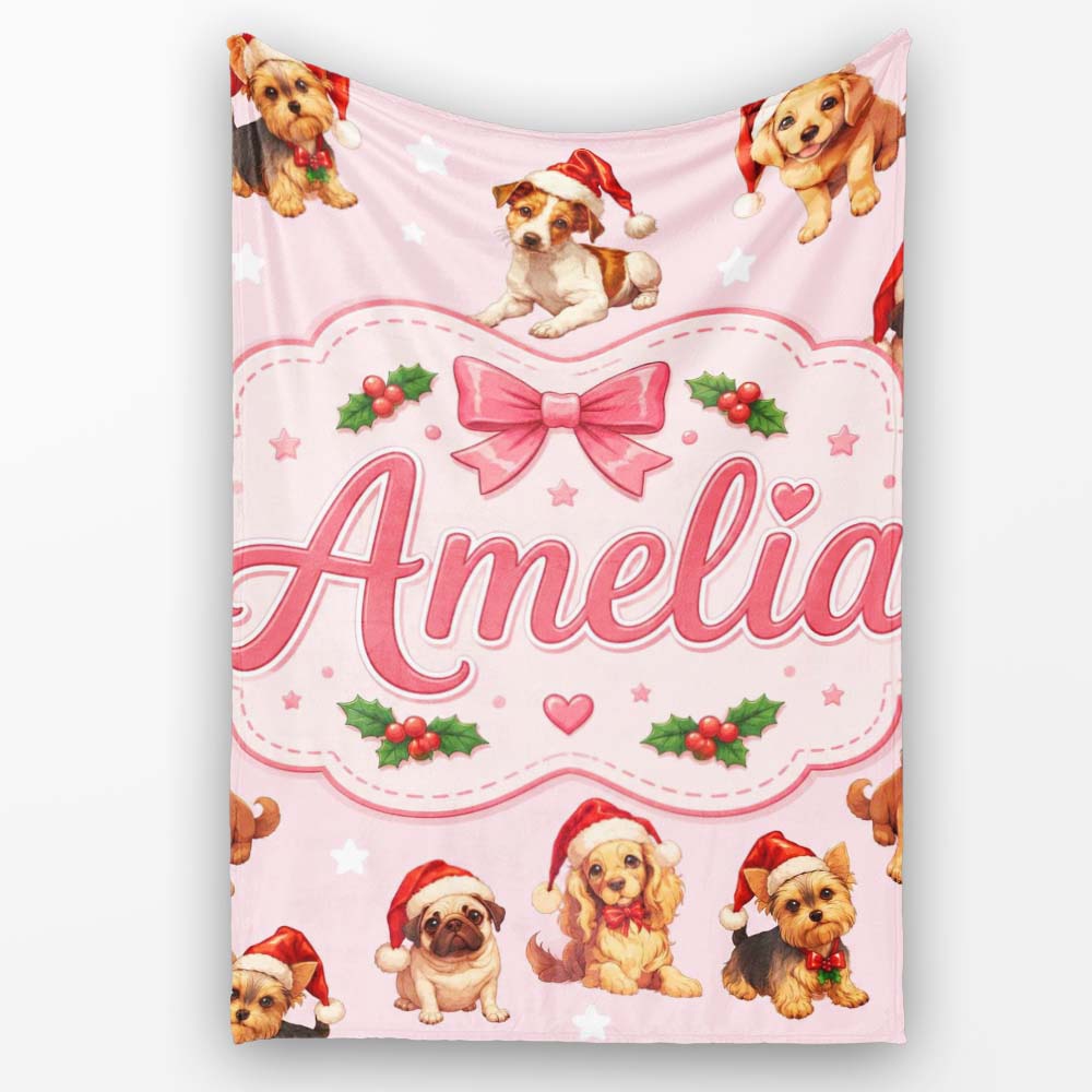 Christmas Puppies Santa Hat on Pastel Pink Star Background Seamless  Personalised Custom Name Super Soft Fleece Blanket Bed Sofa Throw