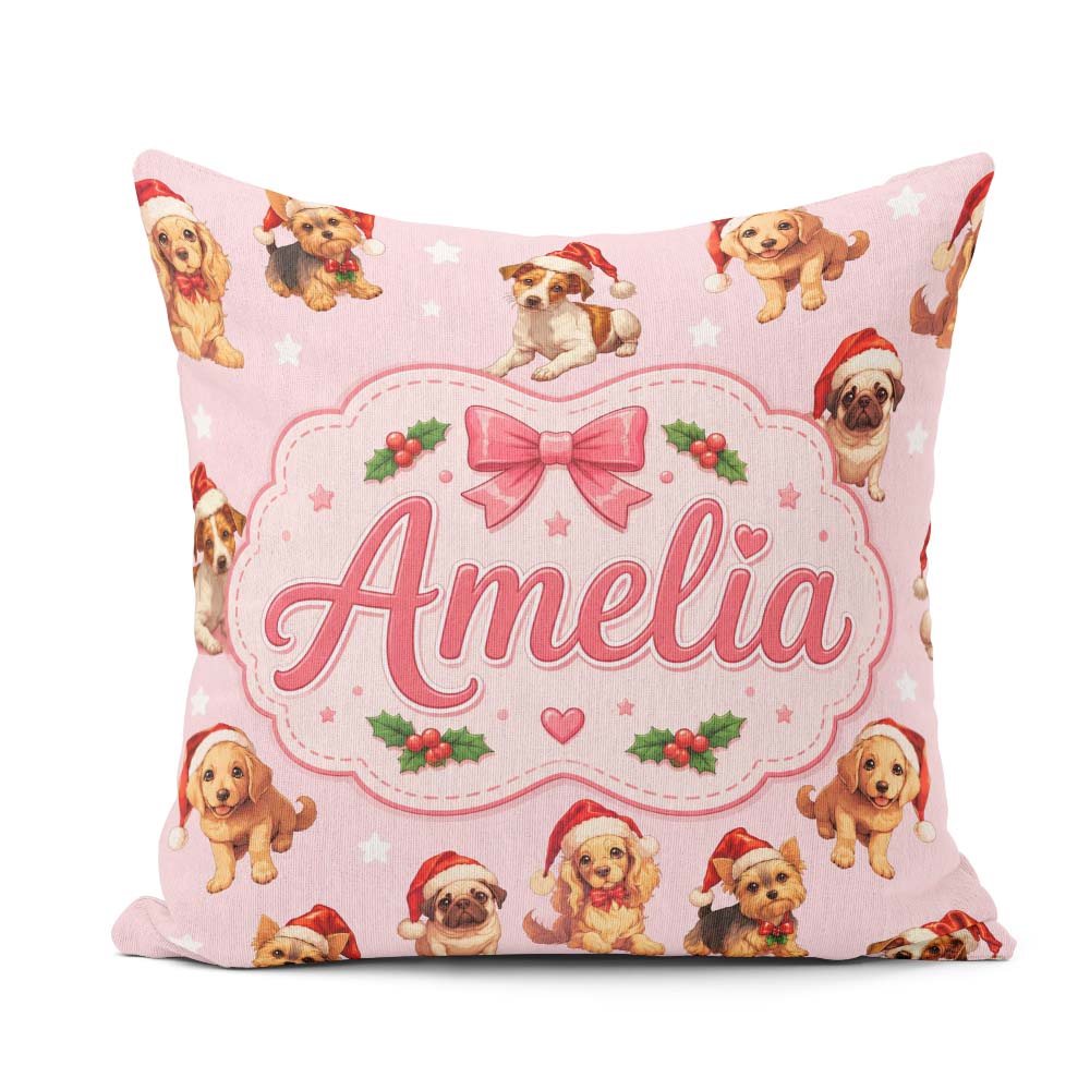 Custom Name Christmas Puppies Hat on Pastel Pink Star Background Square Filled Cushion Throw Pillow Sofa Bed Home Decor Zip Washable UK Made