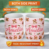 Personalized Custom Name Christmas Puppies Santa Hat on Pastel Pink Star Background Seamless 11oz Ceramic Coffee Tea Mug White Large Handle