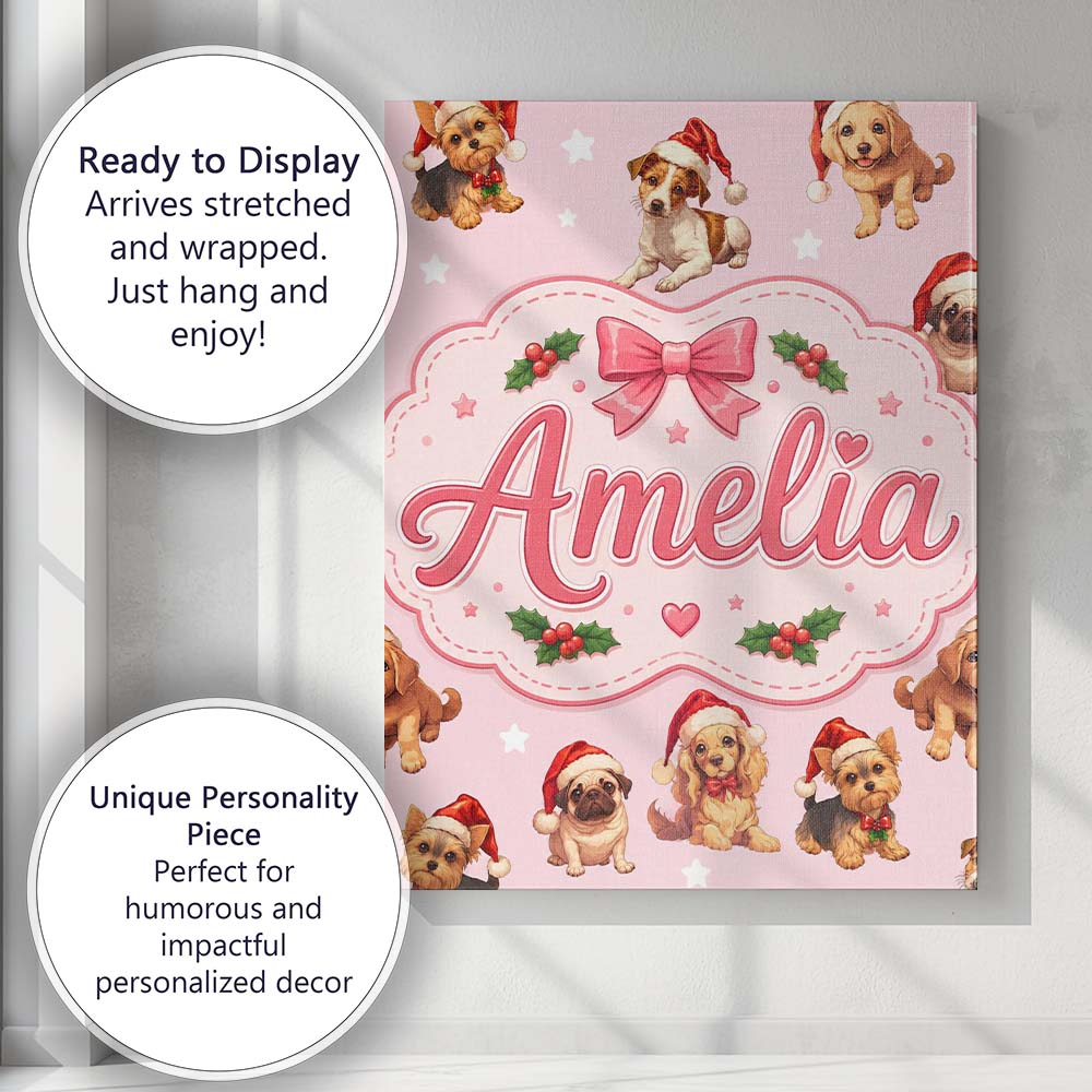 Personalised Name Christmas Puppies Santa Custom  Unique Gift Idea Elegant Feature Canvas Wall Art Print Decor Picture Ready to Hang