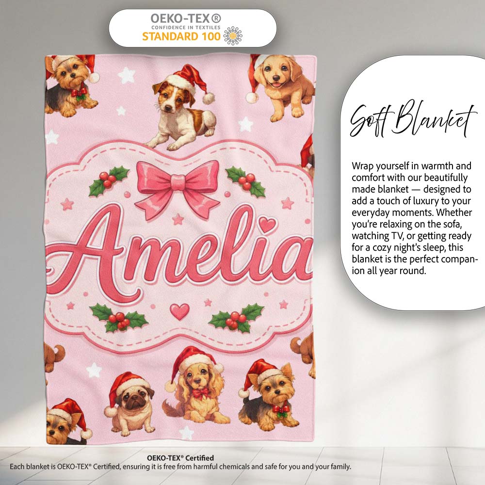 Christmas Puppies Santa Hat on Pastel Pink Star Background Seamless  Personalised Custom Name Super Soft Fleece Blanket Bed Sofa Throw