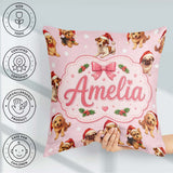 Custom Name Christmas Puppies Hat on Pastel Pink Star Background Square Filled Cushion Throw Pillow Sofa Bed Home Decor Zip Washable UK Made