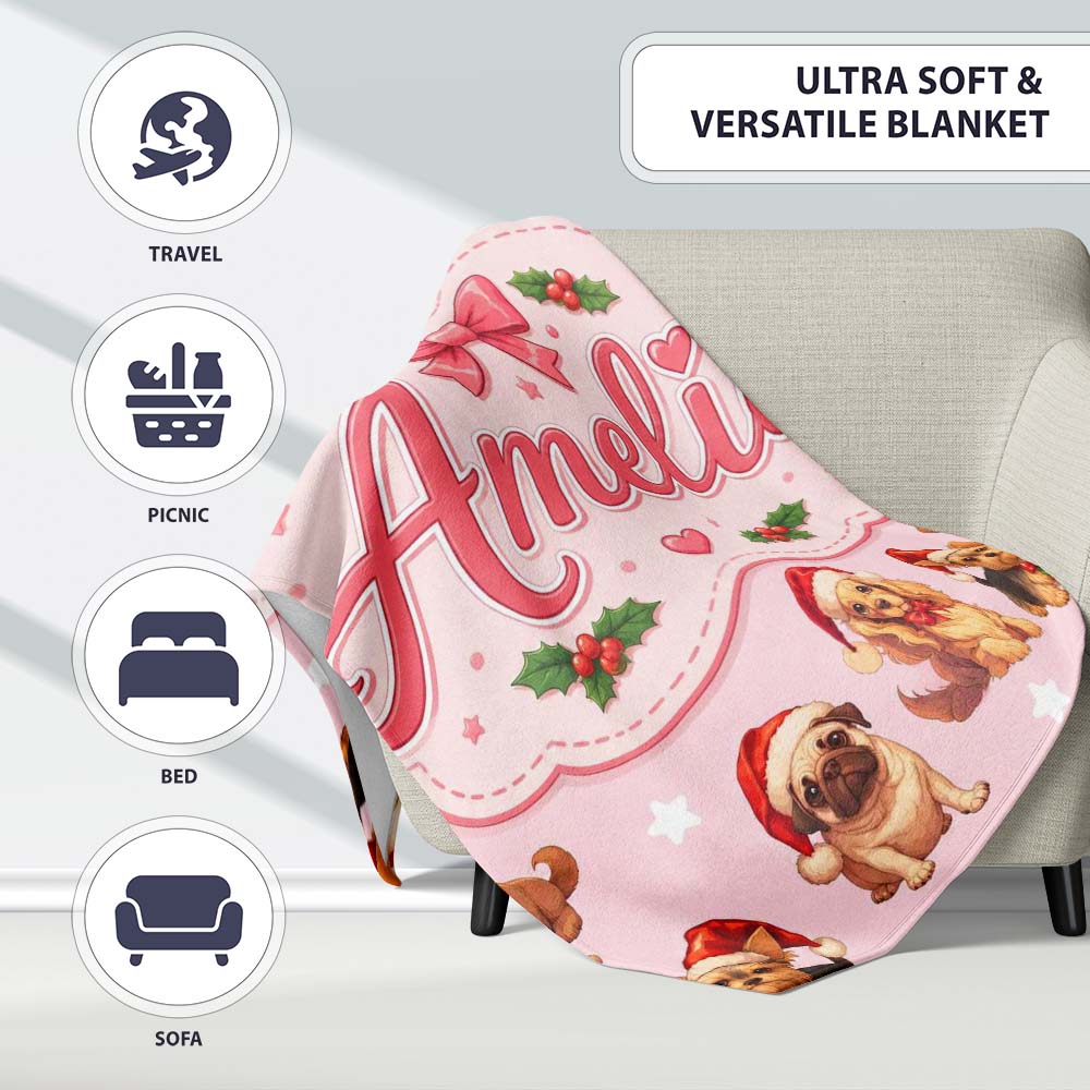 Christmas Puppies Santa Hat on Pastel Pink Star Background Seamless  Personalised Custom Name Super Soft Fleece Blanket Bed Sofa Throw
