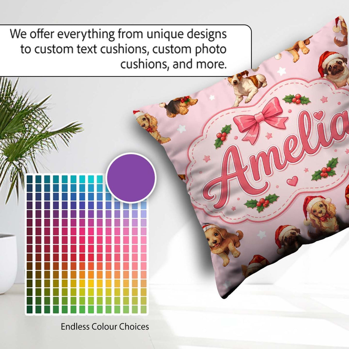 Custom Name Christmas Puppies Hat on Pastel Pink Star Background Square Filled Cushion Throw Pillow Sofa Bed Home Decor Zip Washable UK Made