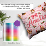 Custom Name Christmas Puppies Hat on Pastel Pink Star Background Square Filled Cushion Throw Pillow Sofa Bed Home Decor Zip Washable UK Made