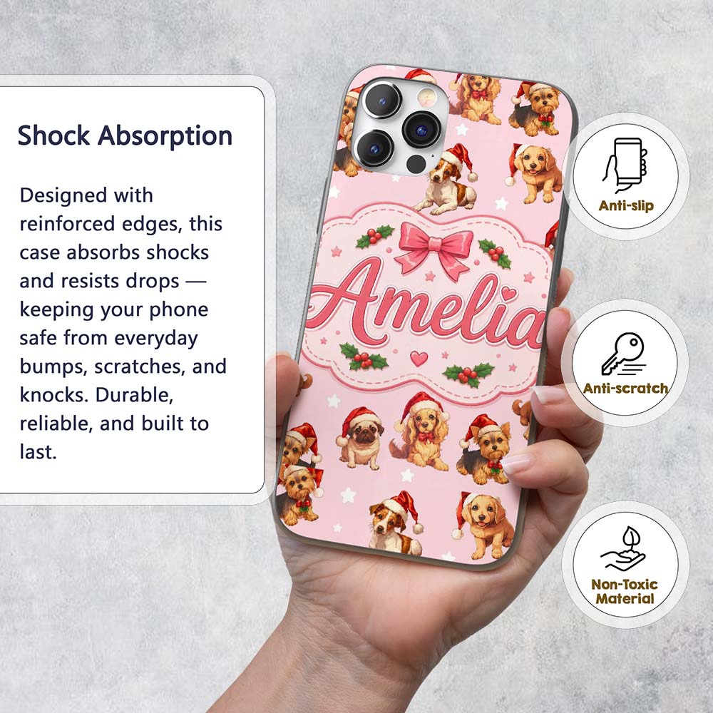Christmas Puppies Santa Hat on Pastel Pink Star Custom Name Protective Phone Case Mobile Cover Durable Everyday Smartphone Shock Resistant