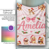 Christmas Puppies Santa Hat on Pastel Pink Star Background Seamless  Personalised Custom Name Super Soft Fleece Blanket Bed Sofa Throw