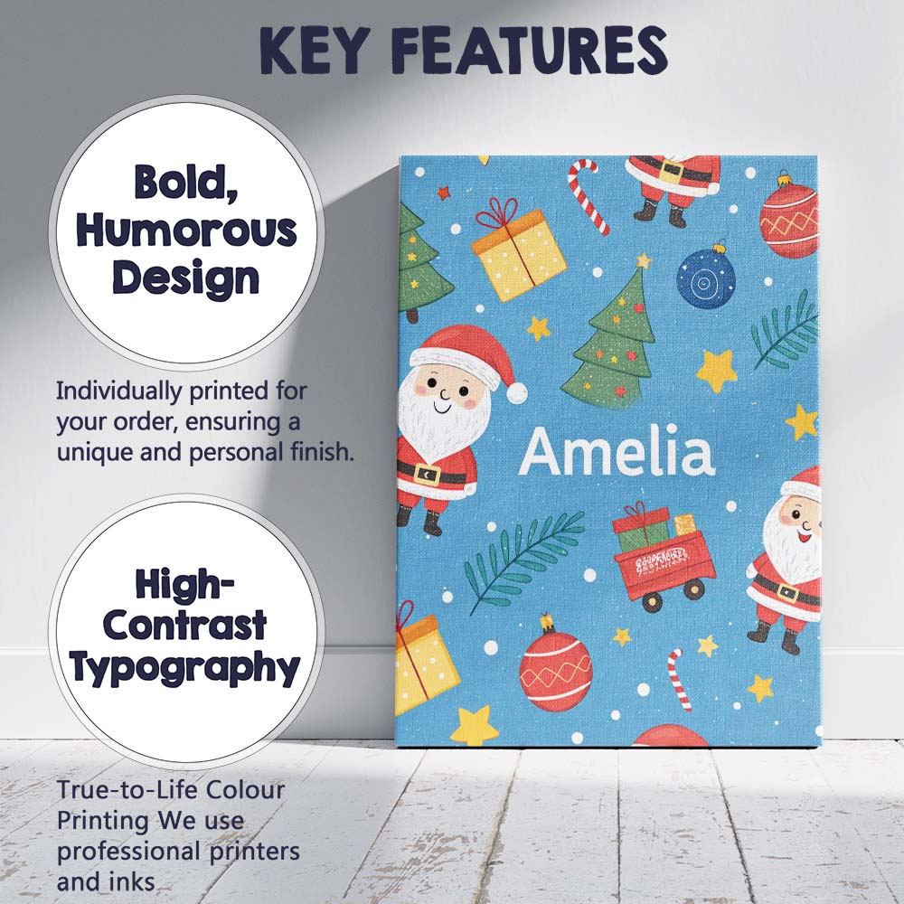 Personalised Name Cute Santa Gifts Christmas Tree Blue Festive Custom Modern Room Accent Canvas Wall Art Print Decor Picture Ready to Hang
