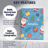 Personalised Name Cute Santa Gifts Christmas Tree Blue Festive Custom Modern Room Accent Canvas Wall Art Print Decor Picture Ready to Hang
