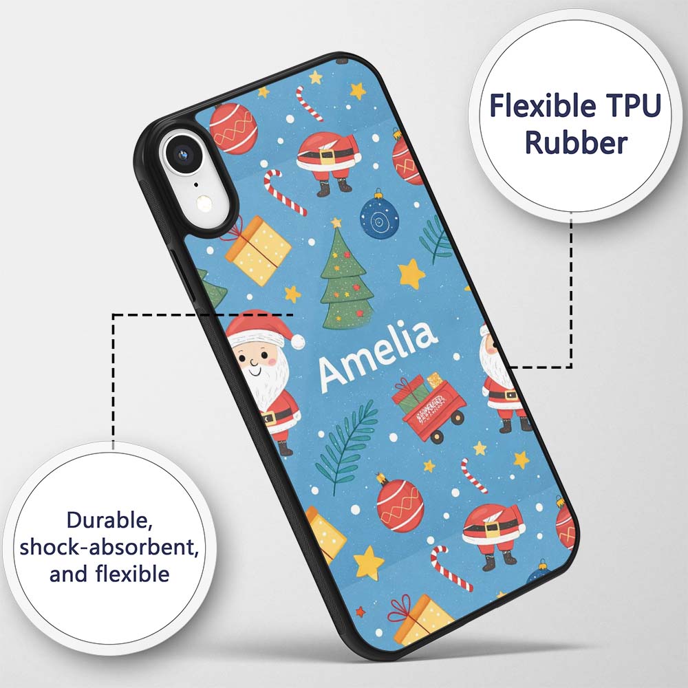 Cute Santa Gifts Christmas Tree Blue Festive Custom Name Protective Phone Case Mobile Cover Durable Everyday Smartphone Shock Resistant