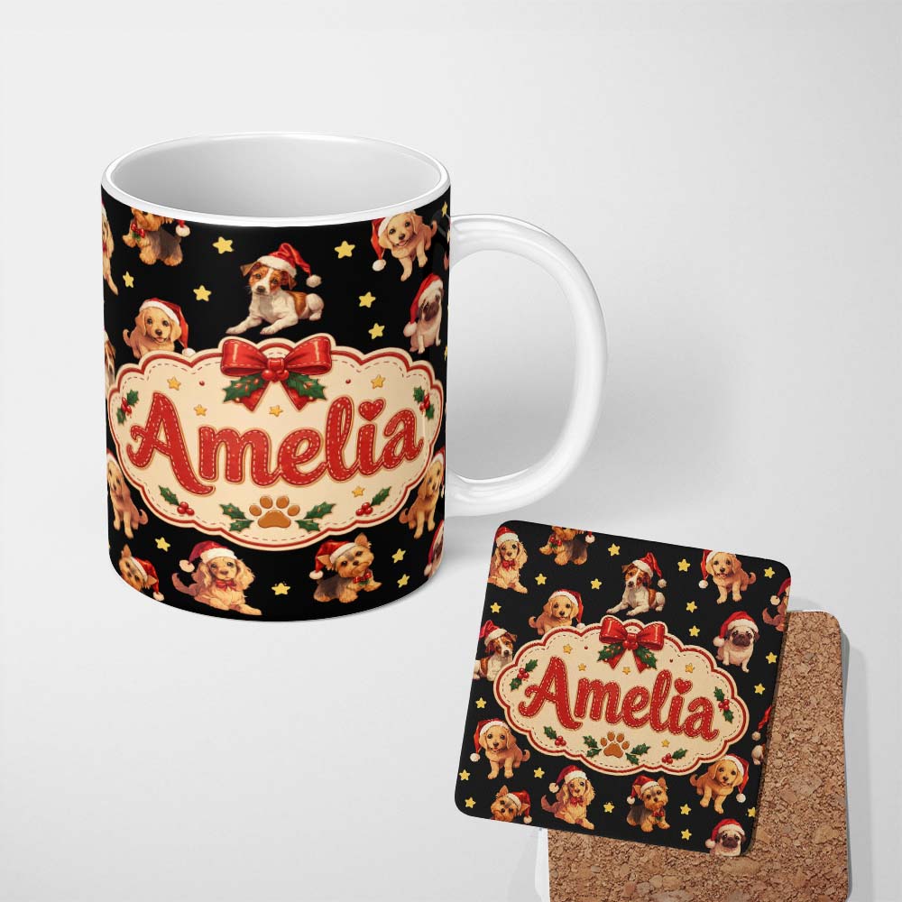 Personalized Custom Name Cute Christmas Puppies Santa Hat on Black Star Background Seamless 11oz Ceramic Coffee Tea Mug White Large Handle