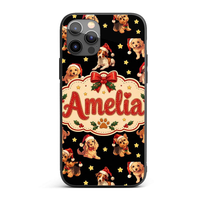 Cute Christmas Puppies Santa Hat on Black Star Custom Name Protective Phone Case Mobile Cover Durable Everyday Smartphone Shock Resistant