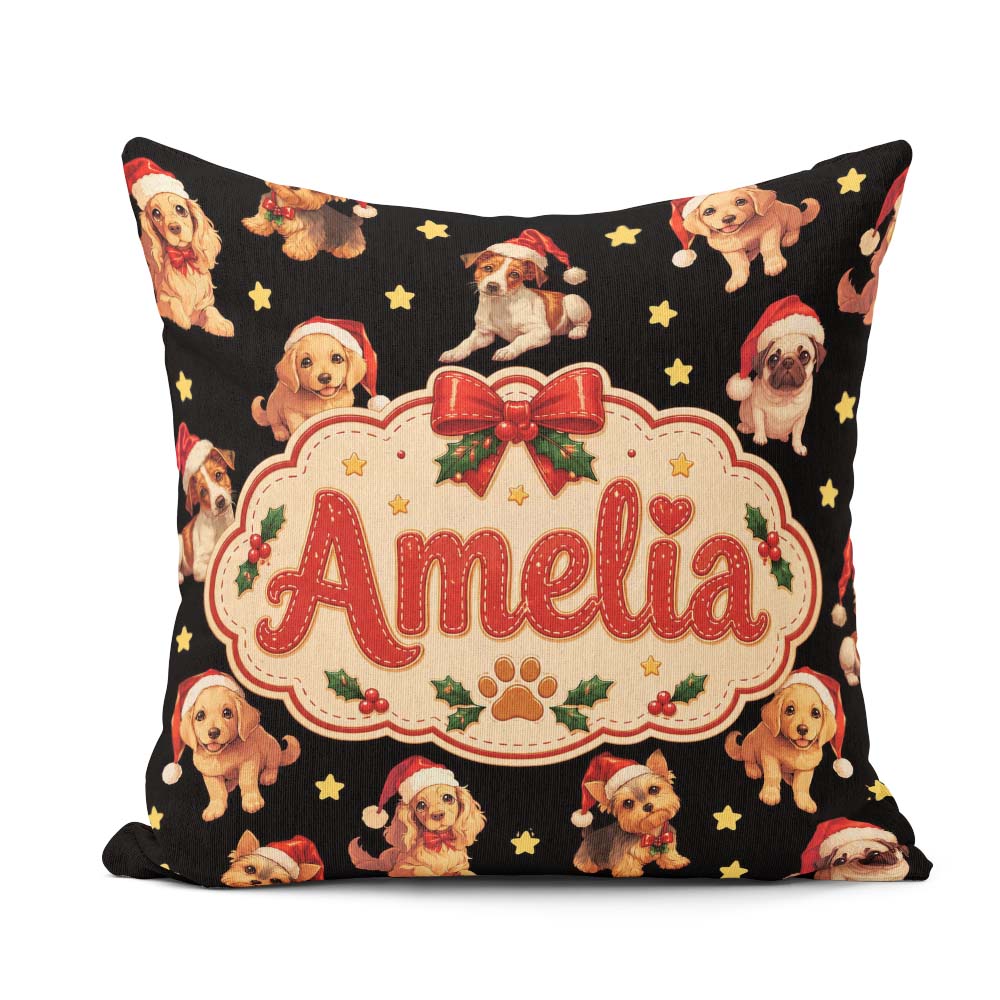 Custom Name Christmas Puppies Santa Hat on Black Star Background Square Filled Cushion Throw Pillow Sofa Bed Home Decor Zip Washable UK Made