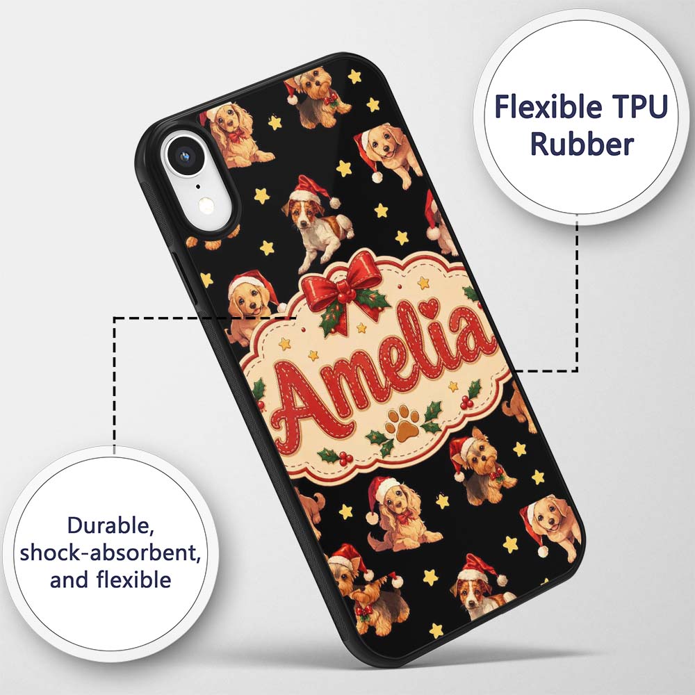 Cute Christmas Puppies Santa Hat on Black Star Custom Name Protective Phone Case Mobile Cover Durable Everyday Smartphone Shock Resistant