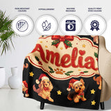 Cute Christmas Puppies Santa Hat on Black Star Background Seamless  Personalised Custom Name Super Soft Fleece Blanket Bed Sofa Throw