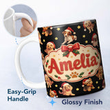 Personalized Custom Name Cute Christmas Puppies Santa Hat on Black Star Background Seamless 11oz Ceramic Coffee Tea Mug White Large Handle