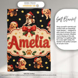 Cute Christmas Puppies Santa Hat on Black Star Background Seamless  Personalised Custom Name Super Soft Fleece Blanket Bed Sofa Throw