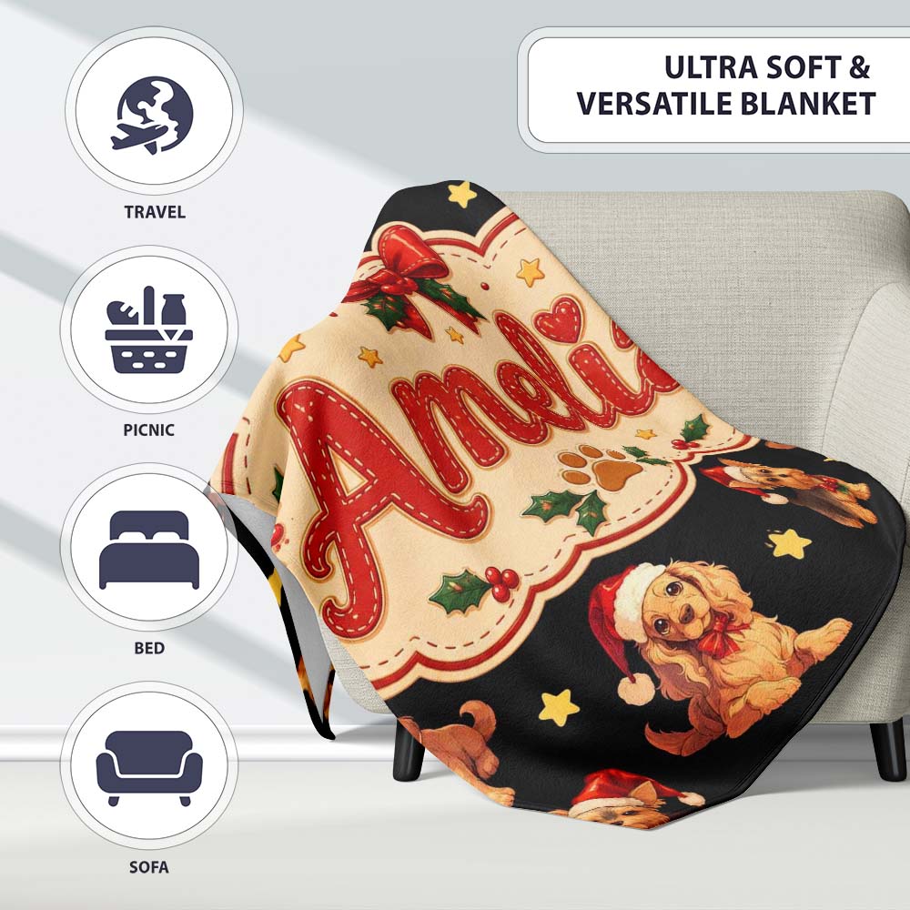 Cute Christmas Puppies Santa Hat on Black Star Background Seamless  Personalised Custom Name Super Soft Fleece Blanket Bed Sofa Throw