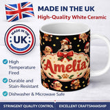 Personalized Custom Name Cute Christmas Puppies Santa Hat on Black Star Background Seamless 11oz Ceramic Coffee Tea Mug White Large Handle