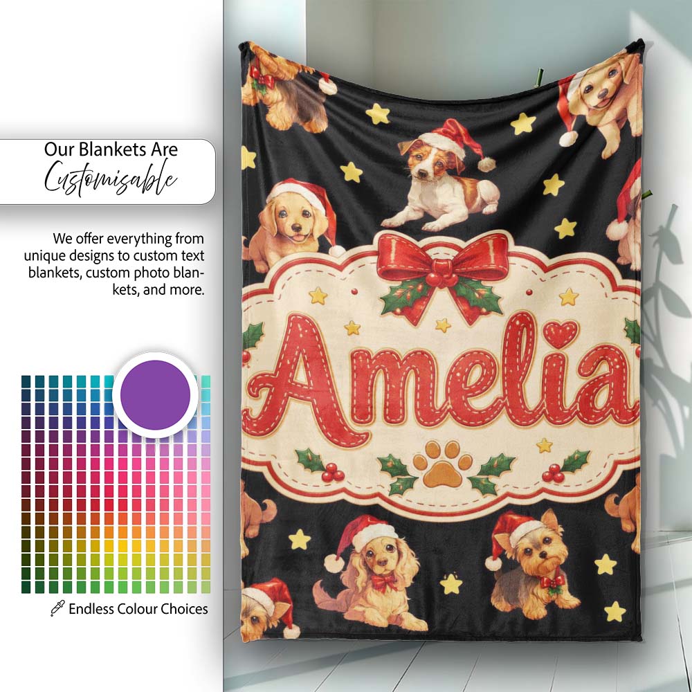 Cute Christmas Puppies Santa Hat on Black Star Background Seamless  Personalised Custom Name Super Soft Fleece Blanket Bed Sofa Throw