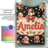 Cute Christmas Puppies Santa Hat on Black Star Background Seamless  Personalised Custom Name Super Soft Fleece Blanket Bed Sofa Throw