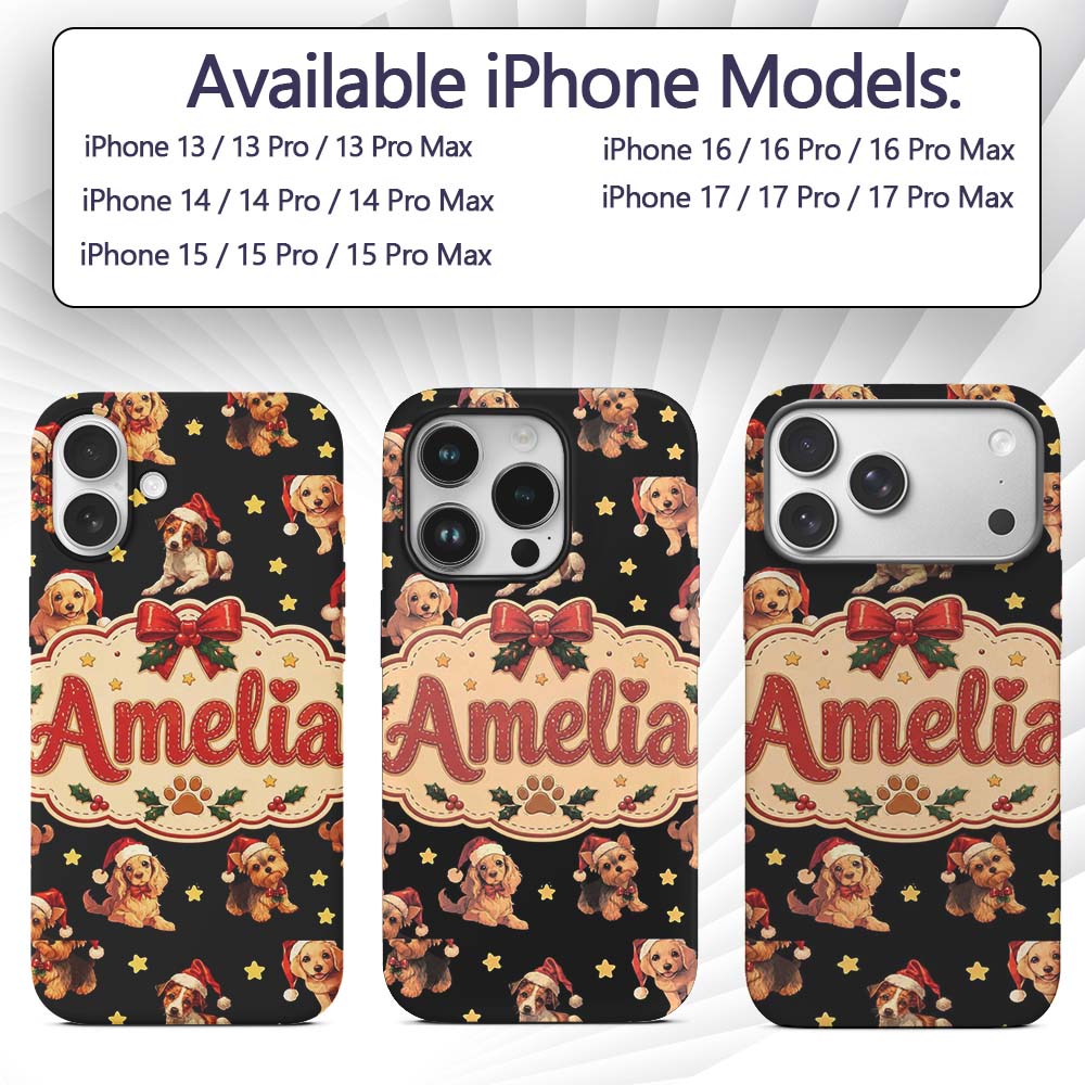 Cute Christmas Puppies Santa Hat on Black Star Custom Name Protective Phone Case Mobile Cover Durable Everyday Smartphone Shock Resistant