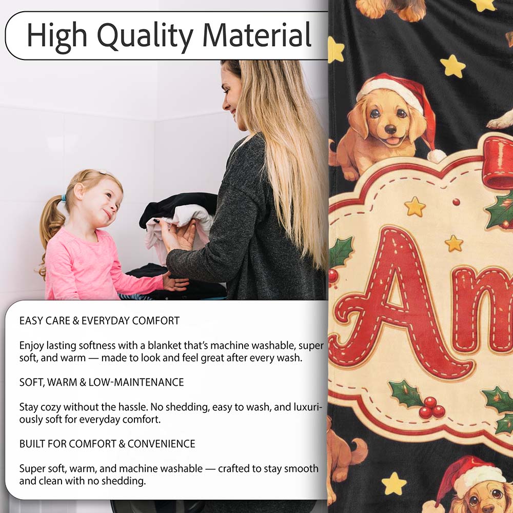 Cute Christmas Puppies Santa Hat on Black Star Background Seamless  Personalised Custom Name Super Soft Fleece Blanket Bed Sofa Throw