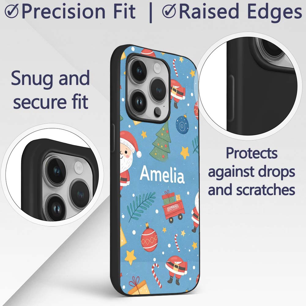 Cute Santa Gifts Christmas Tree Blue Festive Custom Name Protective Phone Case Mobile Cover Durable Everyday Smartphone Shock Resistant