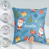 Custom Name Cute Santa Gifts Christmas Tree Blue Festive Pattern Square Filled Cushion Throw Pillow Sofa Bed Home Decor Zip Washable UK Made