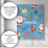 Personalised Name Cute Santa Gifts Christmas Tree Blue Festive Custom Modern Room Accent Canvas Wall Art Print Decor Picture Ready to Hang