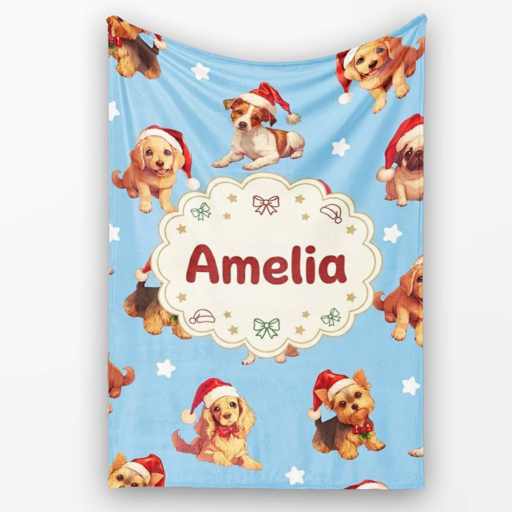 Cute Christmas Puppies Santa Hat on Sky Blue Star Background  Personalised Custom Name Super Soft Fleece Blanket Bed Sofa Throw