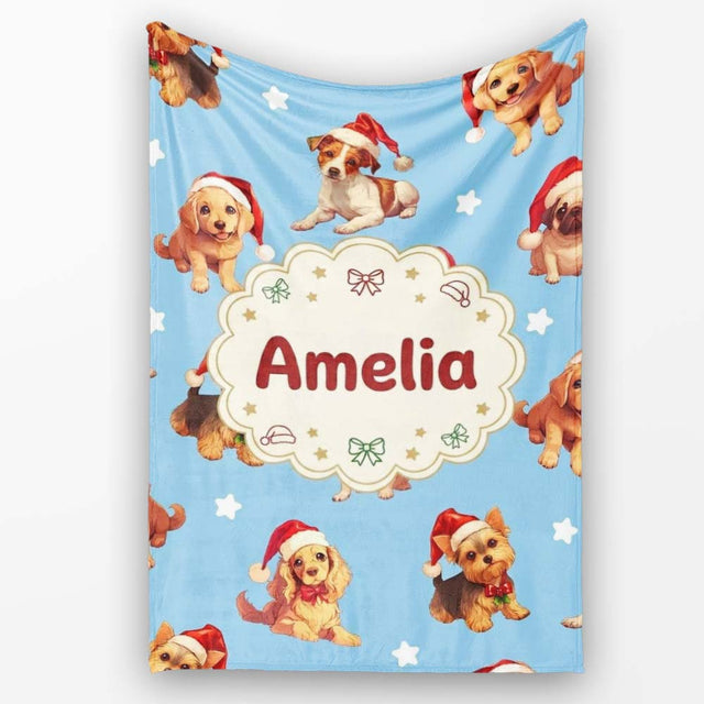 Cute Christmas Puppies Santa Hat on Sky Blue Star Background  Personalised Custom Name Super Soft Fleece Blanket Bed Sofa Throw