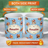 Personalized Custom Name Cute Christmas Puppies Santa Hat on Sky Blue Star Background 11oz Ceramic Coffee Tea Mug White Large Handle
