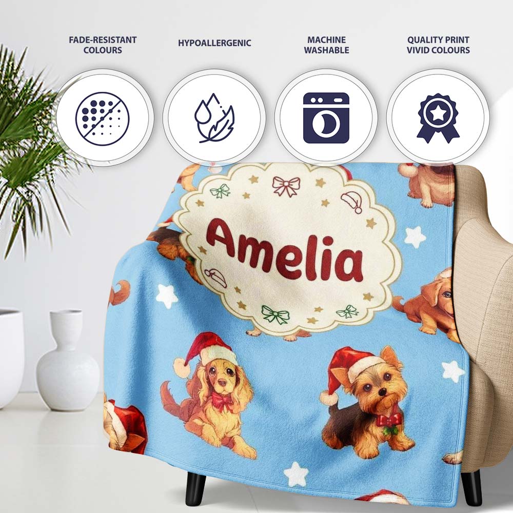 Cute Christmas Puppies Santa Hat on Sky Blue Star Background  Personalised Custom Name Super Soft Fleece Blanket Bed Sofa Throw