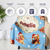 Cute Christmas Puppies Santa Hat on Sky Blue Star Background  Personalised Custom Name Super Soft Fleece Blanket Bed Sofa Throw
