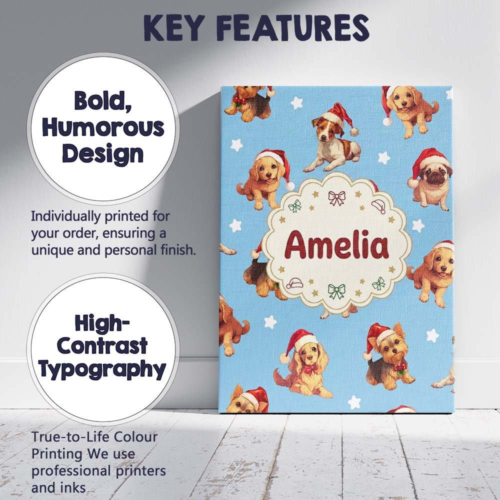Personalised Name Cute Christmas Puppies Custom  Unique Gift Idea Elegant Feature Canvas Wall Art Print Decor Picture Ready to Hang