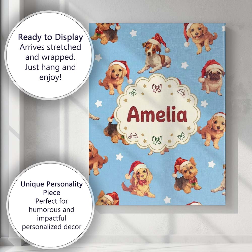 Personalised Name Cute Christmas Puppies Custom  Unique Gift Idea Elegant Feature Canvas Wall Art Print Decor Picture Ready to Hang