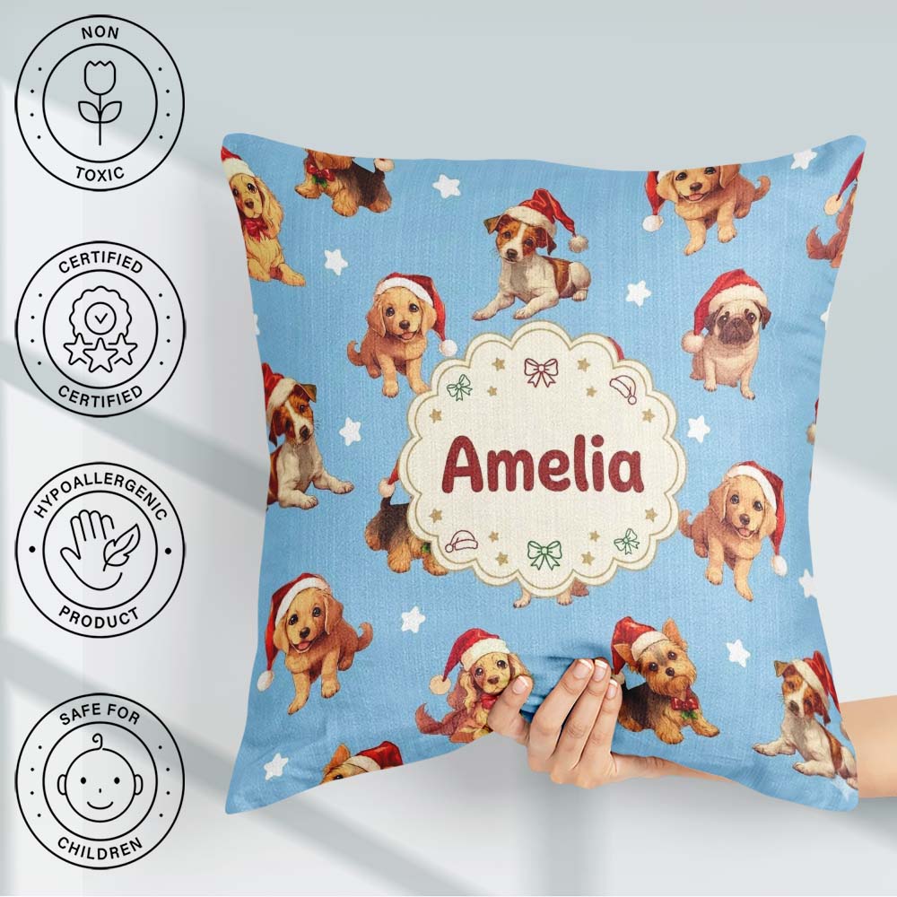 Custom Name Cute Christmas Santa Hat on Sky Blue Star Background Square Filled Cushion Throw Pillow Sofa Bed Home Decor Zip Washable UK Made