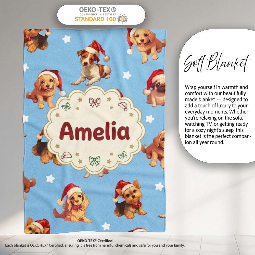 Cute Christmas Puppies Santa Hat on Sky Blue Star Background  Personalised Custom Name Super Soft Fleece Blanket Bed Sofa Throw